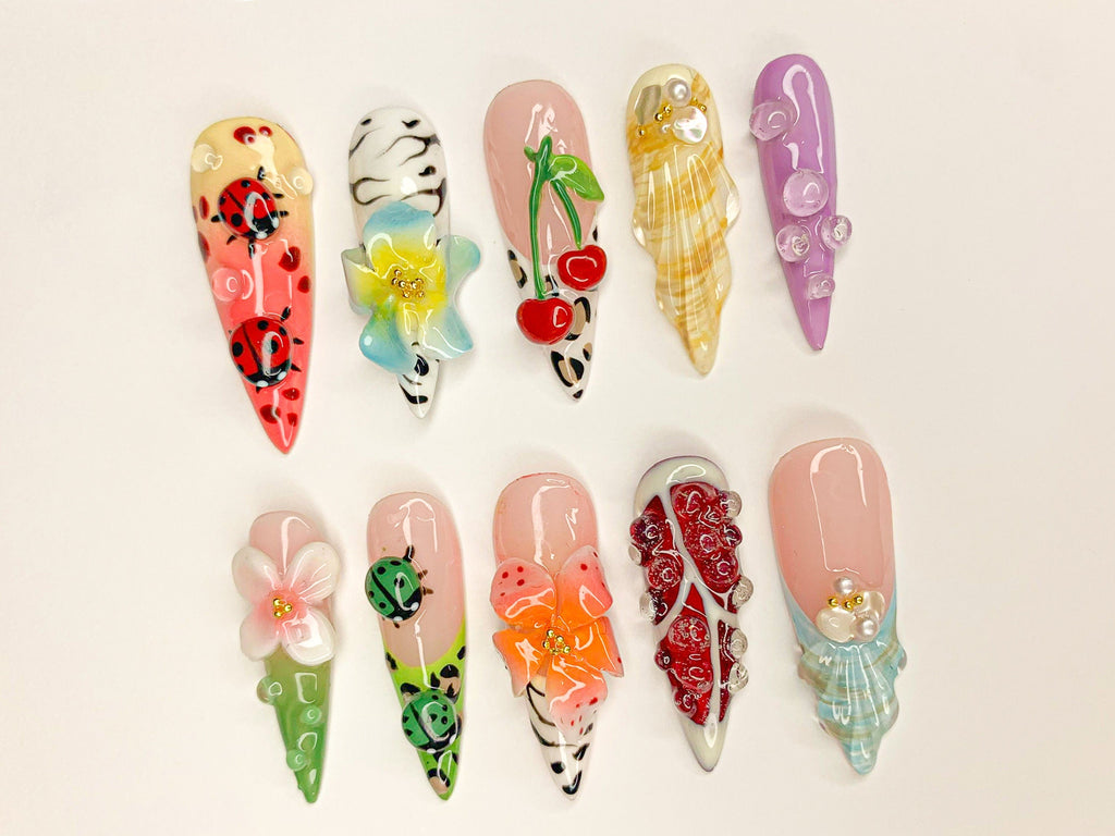 Kawaii 3D Press On Nails, Adorable 3D Nail Art, Cute Ladybug, Cherry, and Flower