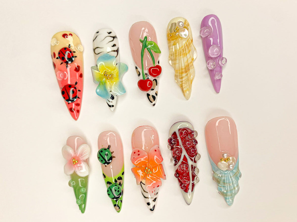 Kawaii 3D Press On Nails | Adorable 3D Nail Art | Cute Ladybug, Cherry, and Flower Designs | Vibrant 3D Kawaii Nails | JB461YL