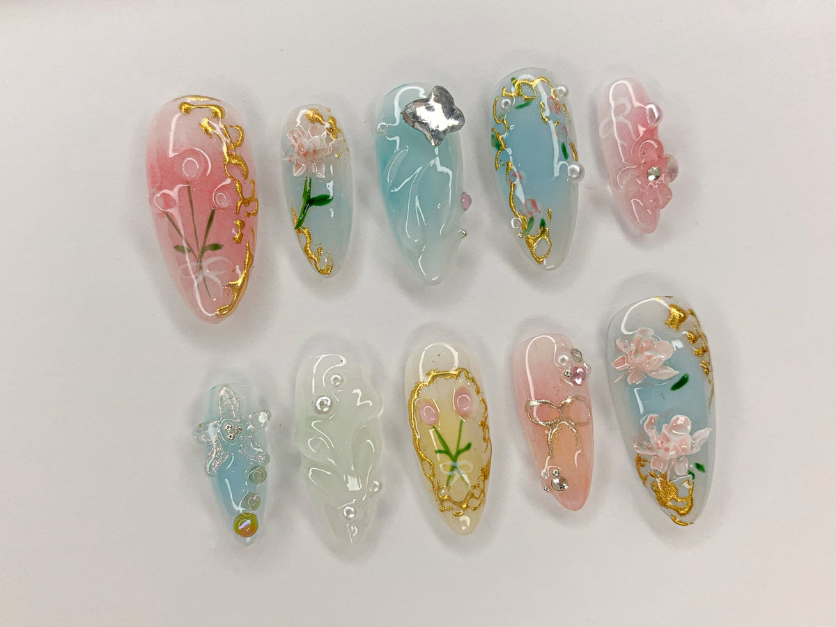 Dreamy Flowers Press On Nails Almond | Jelly Pastel Tulip Nail Art | 3D FairyCore Flower Press Ons | Romantic Nail Art in Fake Nails |JB463S