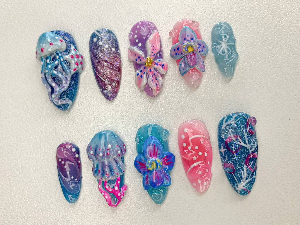 Ocean-Inspired 3D Press On Nails, 3D Jellyfish and Floral Art, Hand-Painted Underwater
