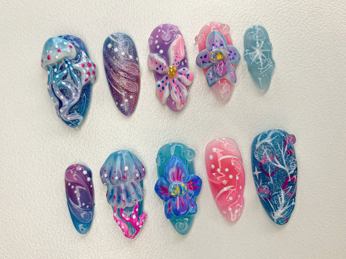 Ocean-Inspired 3D Press On Nails, 3D Jellyfish and Floral Art, Hand-Painted Underwater