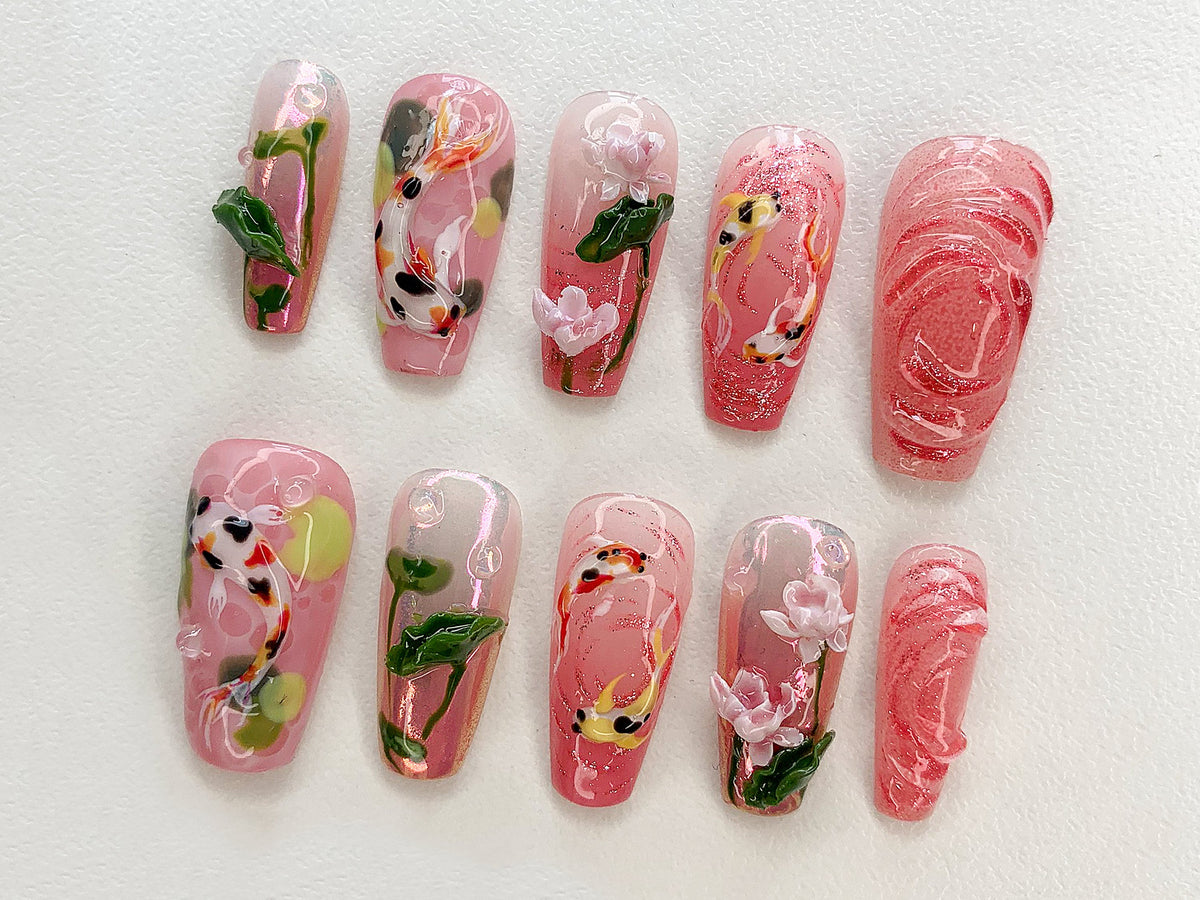 Koi Pond Bliss Press On Nails | Koi Floral Acrylic Nails | Serene Waters Nail Art | Blossoming Fake Nails | Pink Garden Koi Nails | JB464AV
