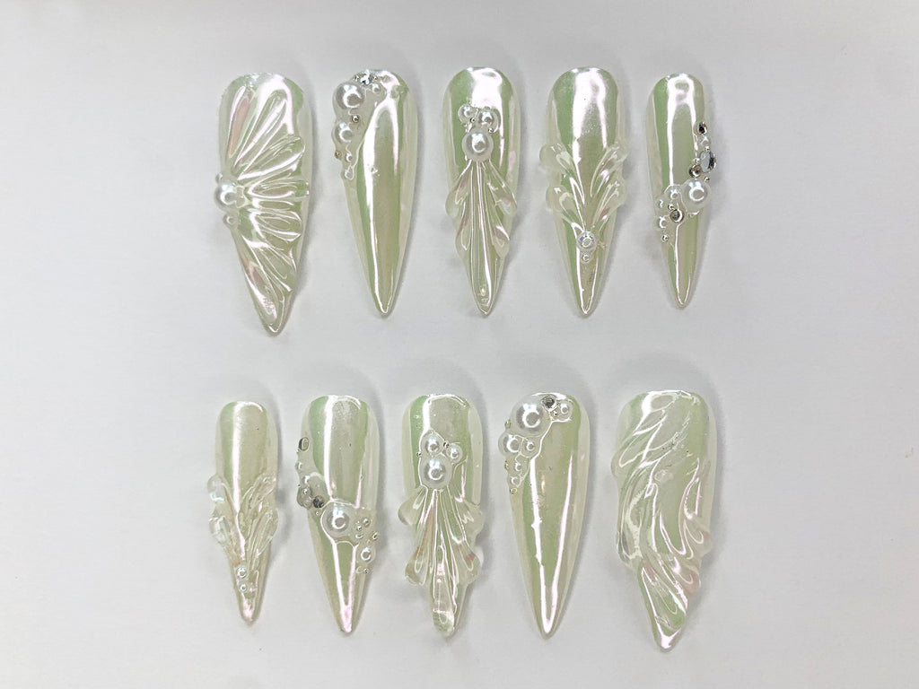 Free Style 3D Gel and White Pearl Long Almond Press On Nails | Handpainted Gothic Fake Nails | Y2K Emo Chrome Nails | Wedding Nails |JC466SV