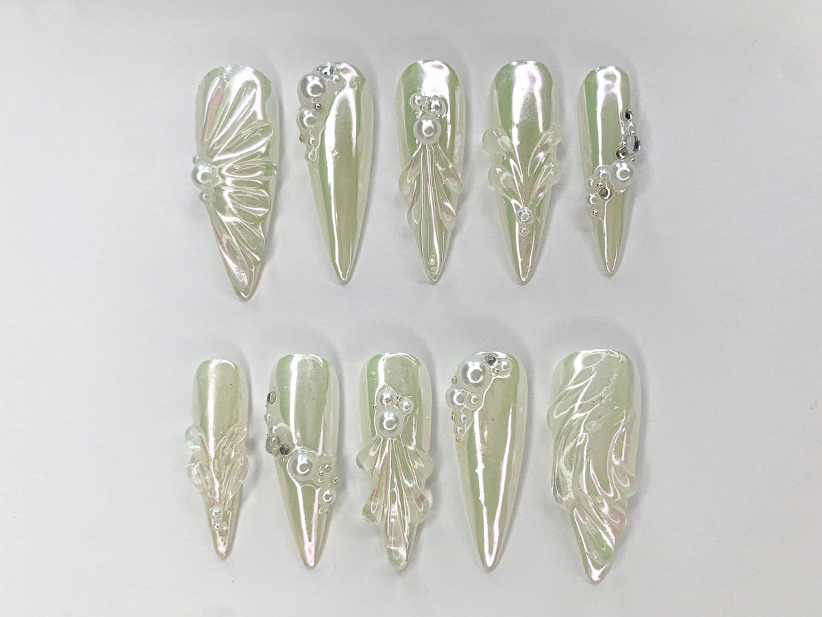 Free Style 3D Gel and White Pearl Long Almond Press On Nails | Handpainted Gothic Fake Nails | Y2K Emo Chrome Nails | Wedding Nails |JC466SV