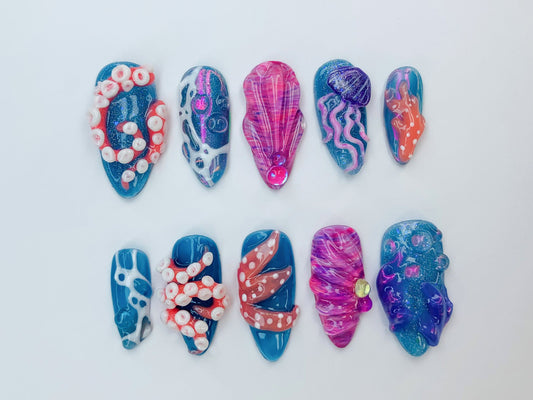 Ocean-Inspired 3D Press On Nails, 3D Jellyfish and Floral Art, Hand-Painted Underwater