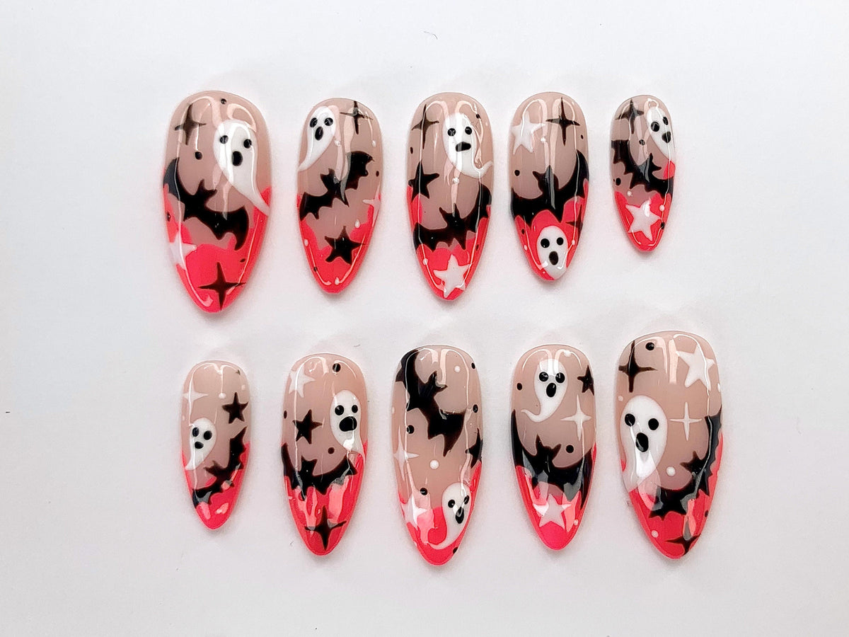Spooky Ghost And Starry Night Press On Nails | Custom Halloween Nail Art | Glow in the Dark Halloween Fake Nails | Cute Halloween | JC475YC