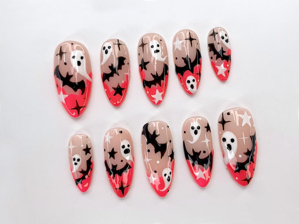Spooky Ghost And Starry Night Press On Nails | Custom Halloween Nail Art | Glow in the Dark Halloween Fake Nails | Cute Halloween | JC475YC