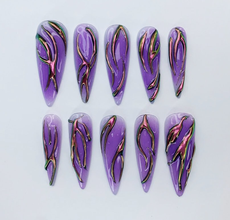Purple Chrome Flame Press-On Nails | Long Stiletto Shape | Halloween Party Nails |Custom Hand-Painted Nails | Gothic Nail Art |Nails|JC478DK