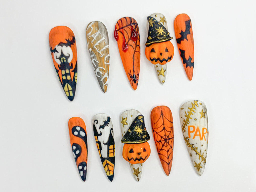 Spooky Halloween Press On Nails, 3D Blood Drip and Pumpkin Press On Set, Creepy Cute
