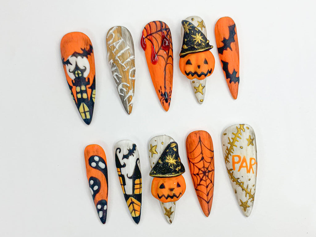 Spooky Halloween Press On Nails | 3D Blood Drip and Pumpkin Press On Set | Creepy Cute Halloween Nails | Scary Holiday Almond Nails |JB479SL