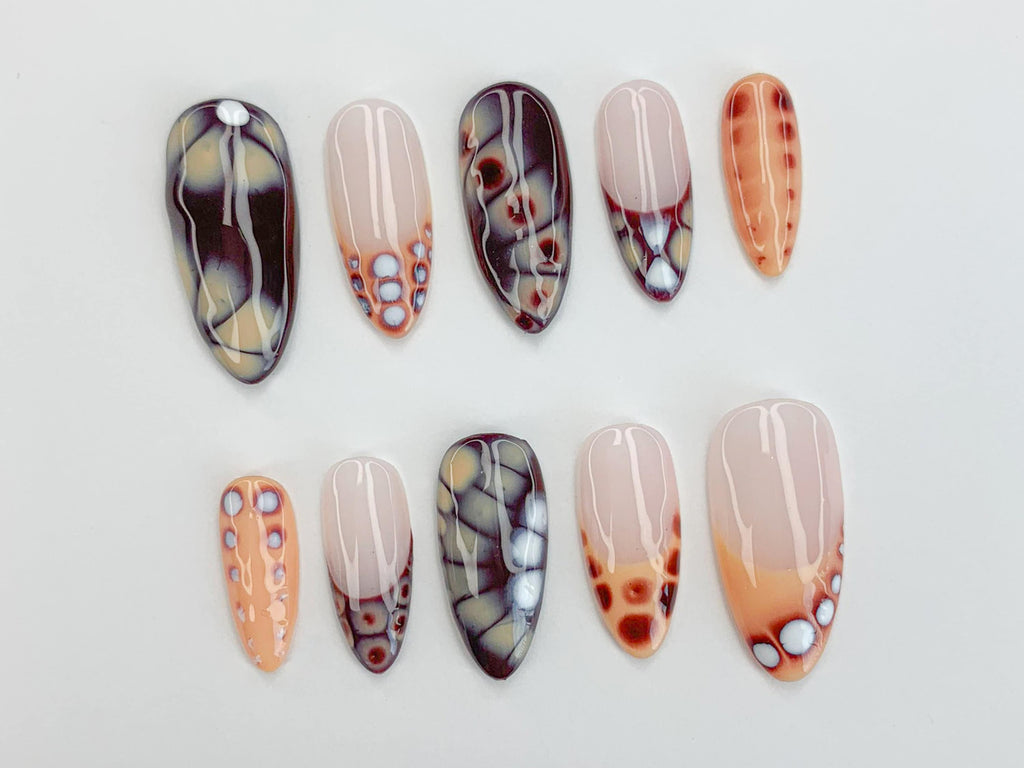 Abstract Press On Nails | Smoke Effect Nail Art | Marble Design | Long Coffin Nails | Hand-Painted Press On Nails | JC482SC