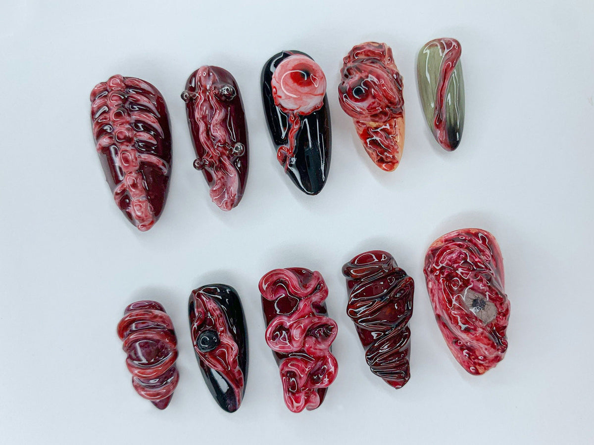 Spooky Halloween Press On Nails | Black & Red Gothic Almond Nails | Bloody 3D Gel Nail Art | Horror Handmade Mysterious Fake Nails | JB488SC