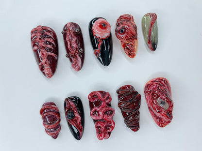 Spooky Halloween Press On Nails | Black & Red Gothic Almond Nails | Bloody 3D Gel Nail Art | Horror Handmade Mysterious Fake Nails | JB488SC