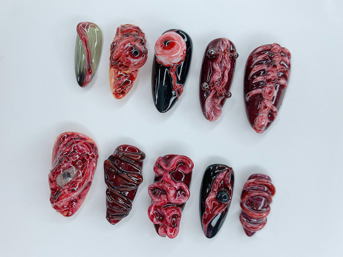 Spooky Halloween Press On Nails | Black & Red Gothic Almond Nails | Bloody 3D Gel Nail Art | Horror Handmade Mysterious Fake Nails | JB488SC
