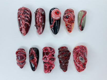 Spooky Halloween Press On Nails | Black & Red Gothic Almond Nails | Bloody 3D Gel Nail Art | Horror Handmade Mysterious Fake Nails | JB488SC