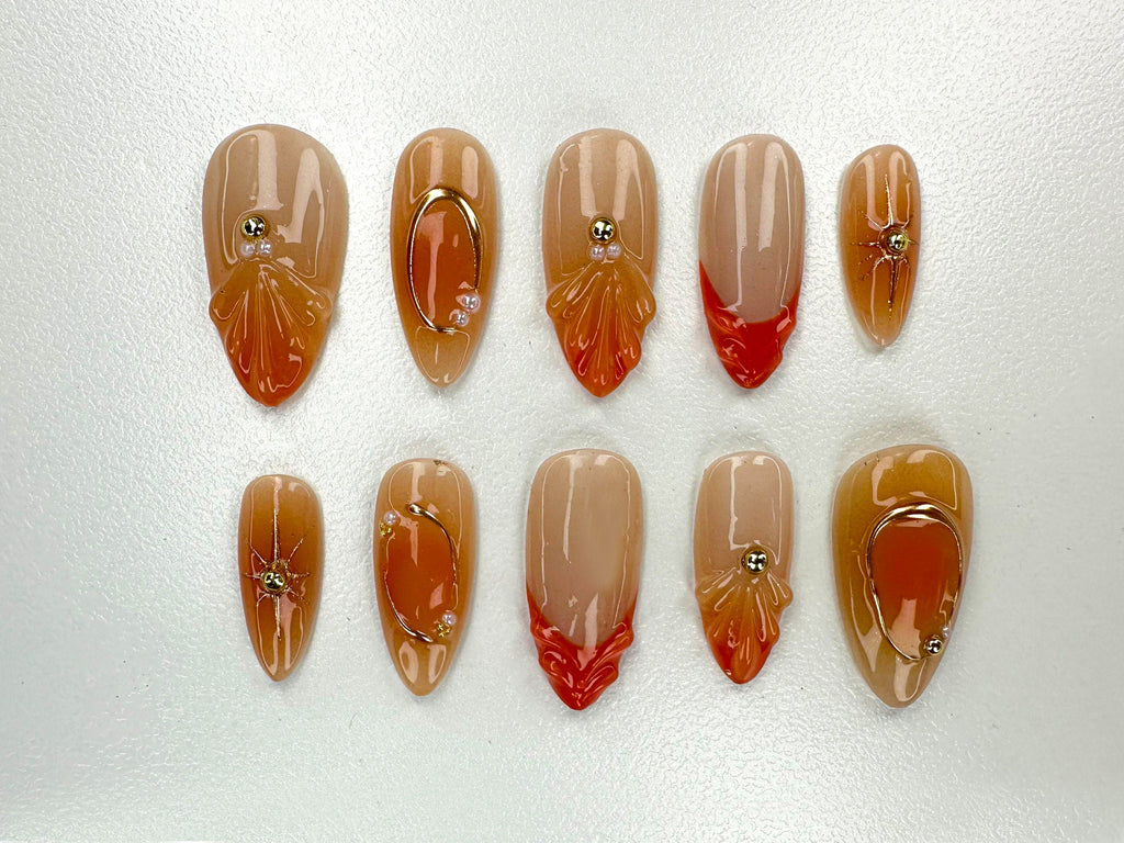 Autumn Glow Press On Nails | Warm Tones with Elegant Floral Acrylic Nails | Deep Orange And Cream Fake Nails | Chic Nail Polish | JC504Y