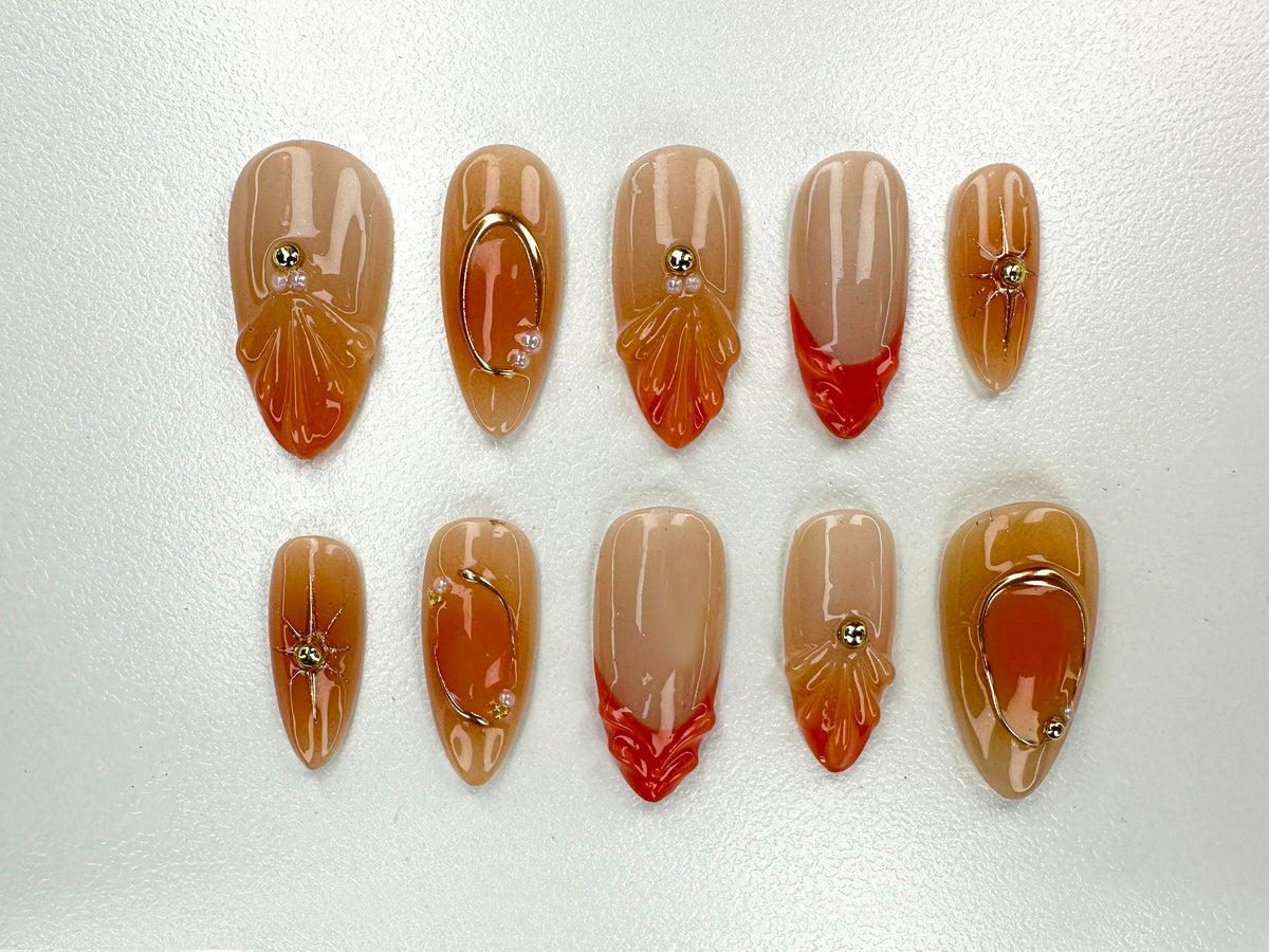 Autumn Glow Press On Nails | Warm Tones with Elegant Floral Acrylic Nails | Deep Orange And Cream Fake Nails | Chic Nail Polish | JC504Y