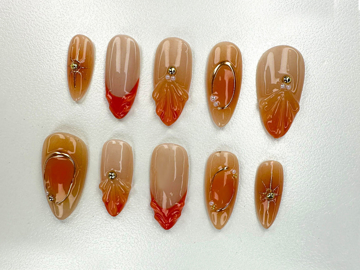 Autumn Glow Press On Nails | Warm Tones with Elegant Floral Acrylic Nails | Deep Orange And Cream Fake Nails | Chic Nail Polish | JC504Y