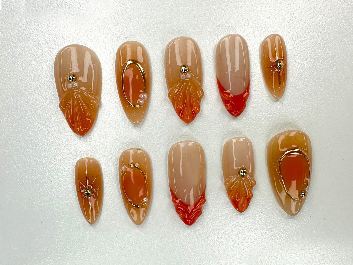Autumn Glow Press On Nails | Warm Tones with Elegant Floral Acrylic Nails | Deep Orange And Cream Fake Nails | Chic Nail Polish | JC504Y