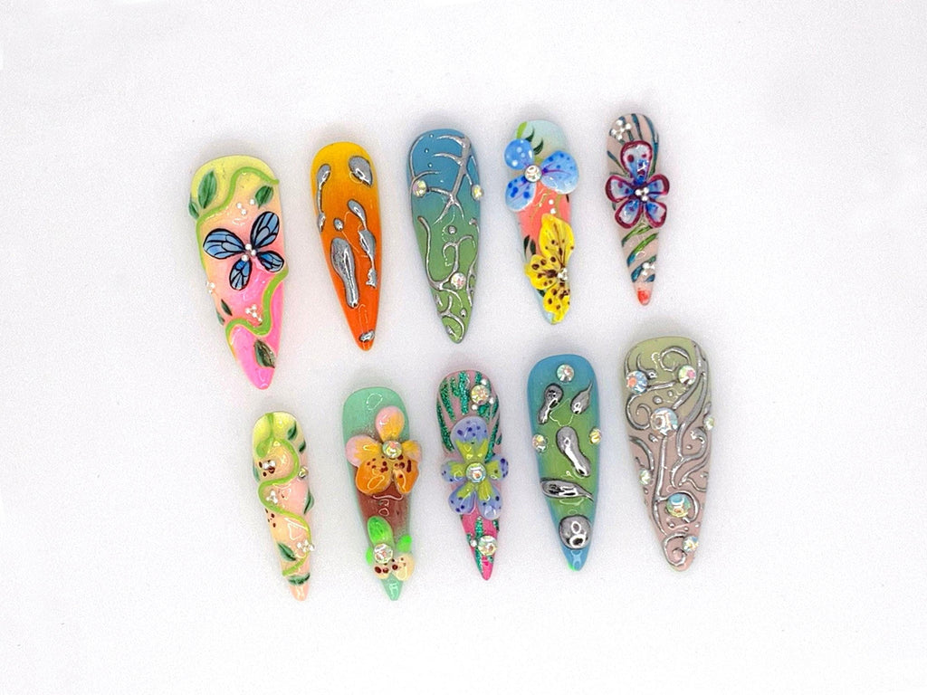 Summer Garden Press-On Nails | Artistic Floral And Butterfly Nail Art | Bold Artistic Fake Nails | Perfect for Special Occasions | JB507YV