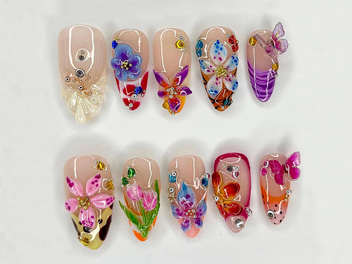 Garden Bloom 3D Press On Nails | Unique 3D Floral and Butterfly Designs | Artisan Crafted Nail Set | Handmade Flower Nail Art | JB520H