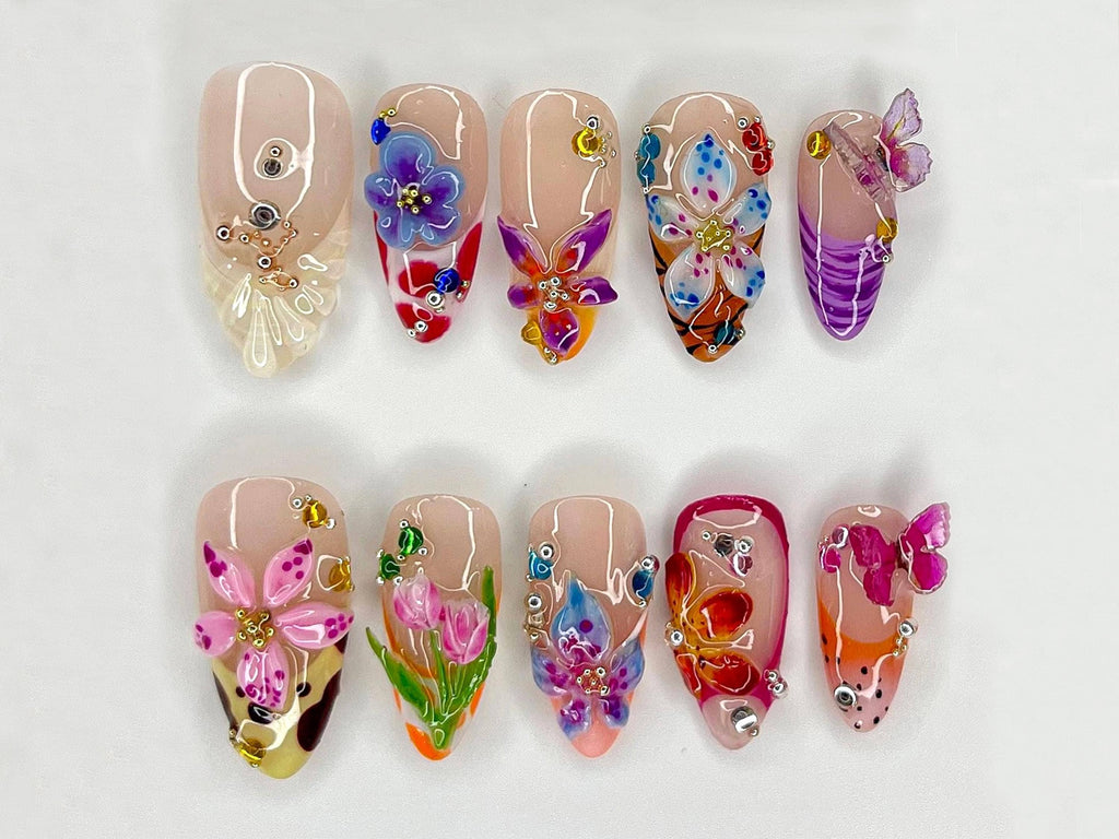 Garden Bloom 3D Press On Nails | Unique 3D Floral and Butterfly Designs | Artisan Crafted Nail Set | Handmade Flower Nail Art | JB520H