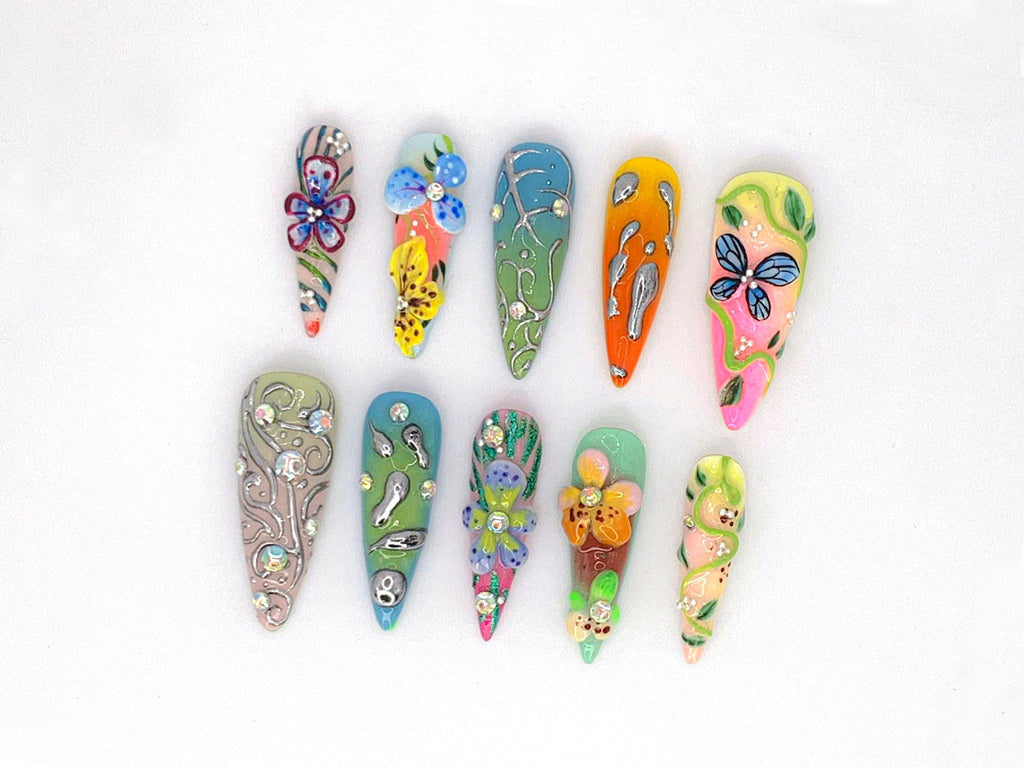 Summer Garden Press-On Nails | Artistic Floral And Butterfly Nail Art | Bold Artistic Fake Nails | Perfect for Special Occasions | JB507YV