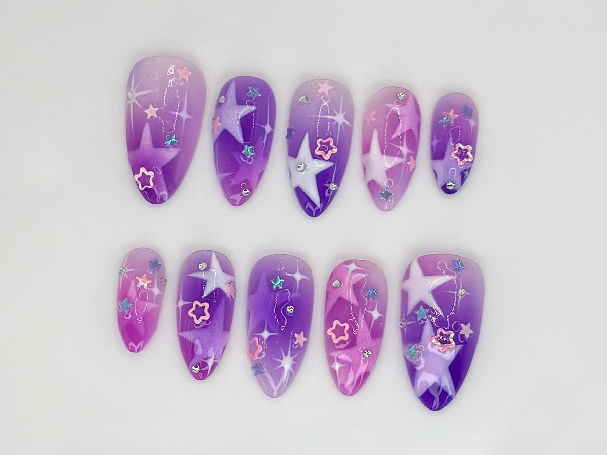 Galaxy Dream Long Almond Nails | Purple and Pink Gradient with Star Accents | Handcrafted Nail Art | Customizable Reusable Nails |JC529HC
