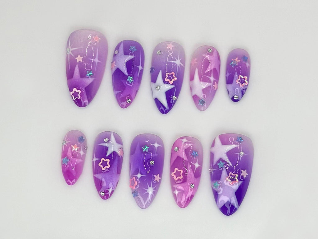 Galaxy Dream Press On Nails | Purple and Pink Gradient with Star Accents | Handcrafted Nail Art | Customizable Reusable Nails |JC529HC