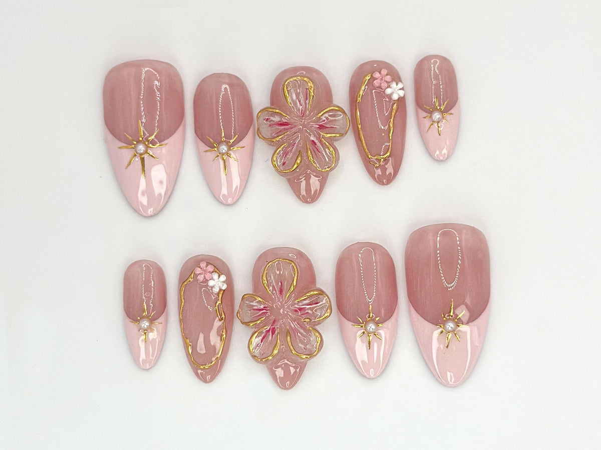 Blush Bloom Elegance Press On Nails | Designer Fake Nails with Gold Detailing | Pink and Gold Luxury Nail | Sophisticated False Nail|JC532HK