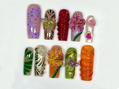 Tropical Paradise Press On Nails | Hand-Painted Floral Designs | Vibrant Summer Nail Art | Unique Handmade Nails | Custom Nail Art | JB533H