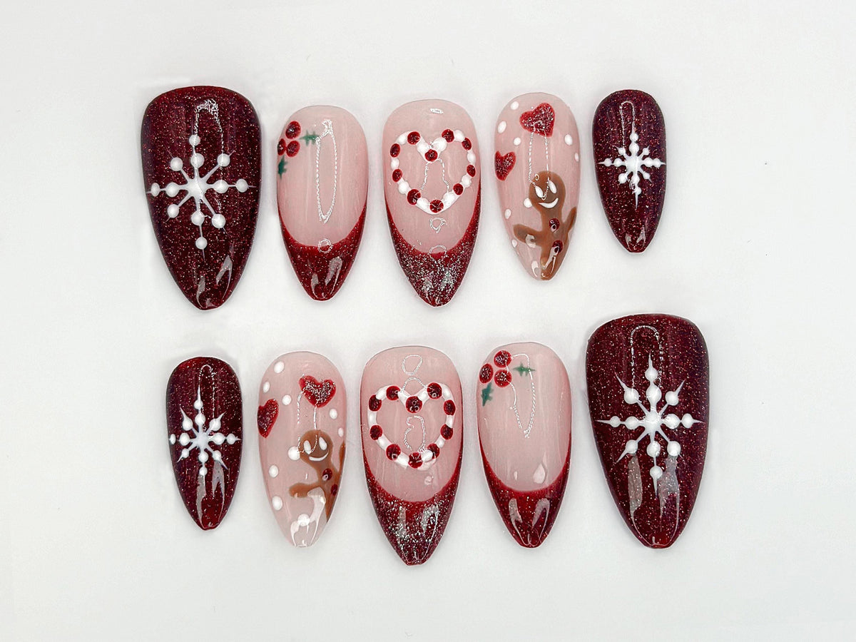 Christmas Glitter Press On Nails | Red & Snowflake Design | Christmas-Inspired Nail Art | Holiday Nail Art Set |  Christmas Gift | JC535HC