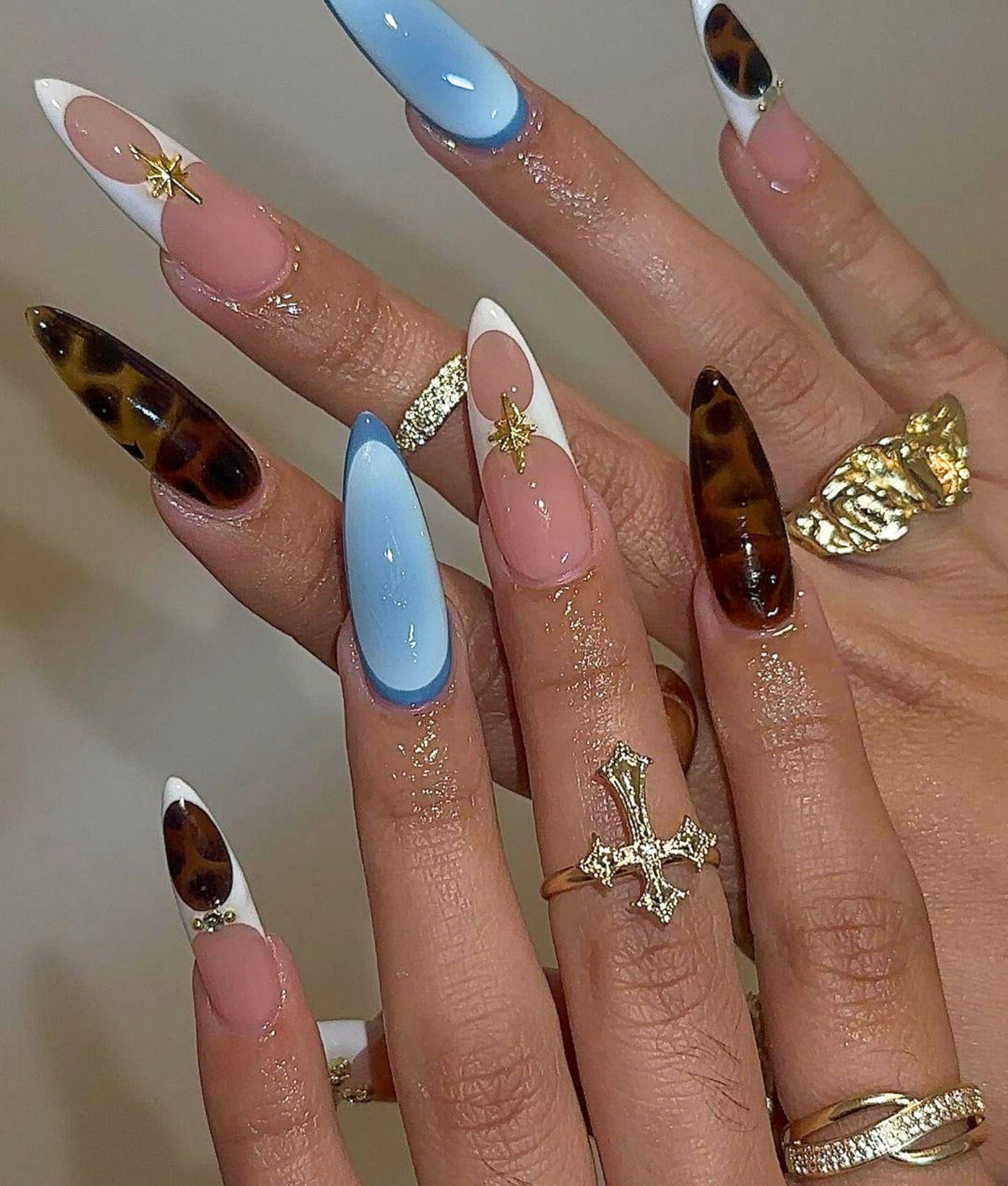Long Stiletto Fall Nail Set, Brown Nails Press On with Cross Charm, French Tips Nail Art, Handmade Acrylic Autumn Fake Nail, Birthday Nails.
