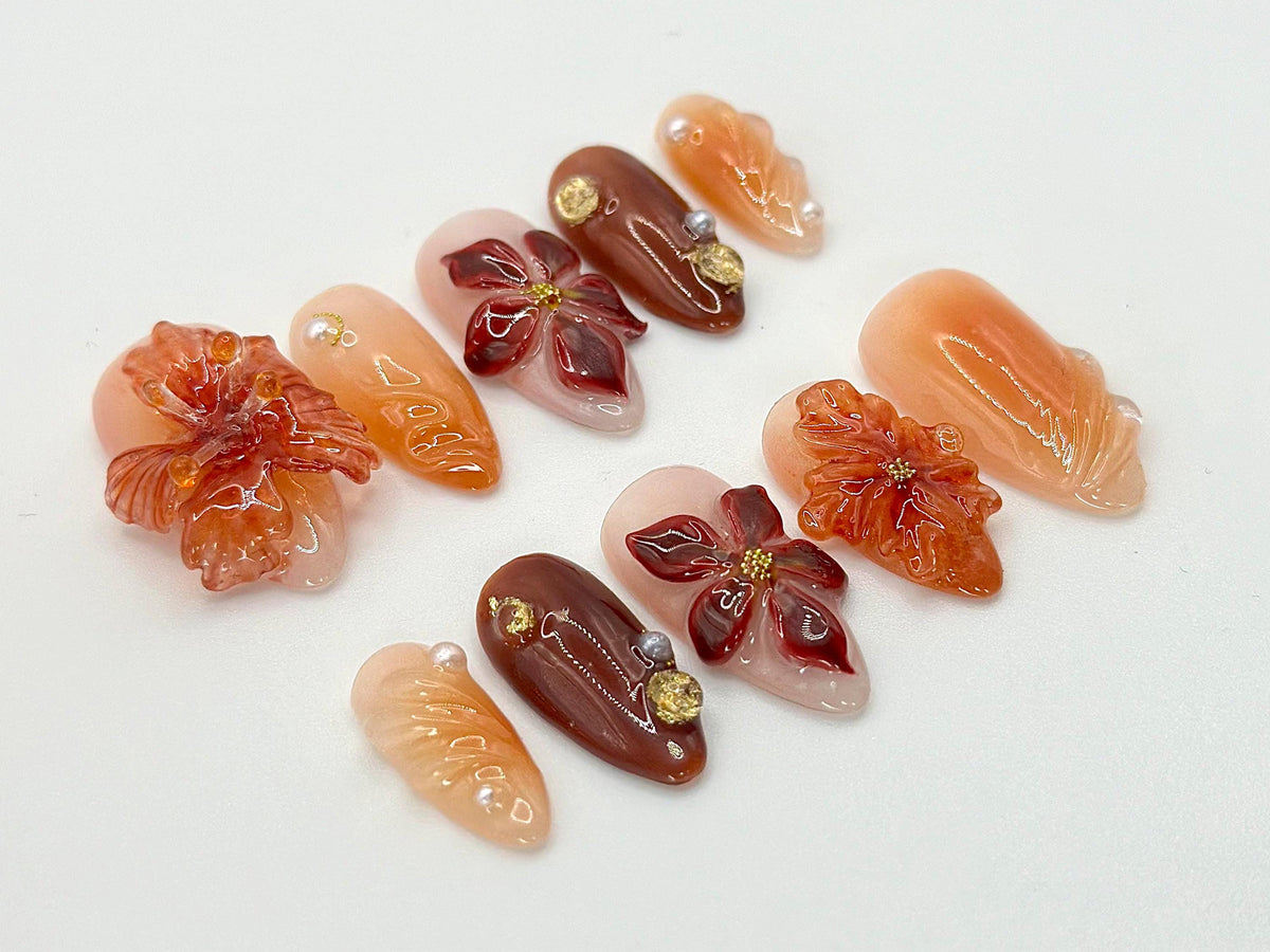 Autumn-Inspired Press On Nails | Warm Tones & Gold Accents | Handcrafted Fall Nail Art Set |3D Floral Nails | Fall Collection|JB544HC