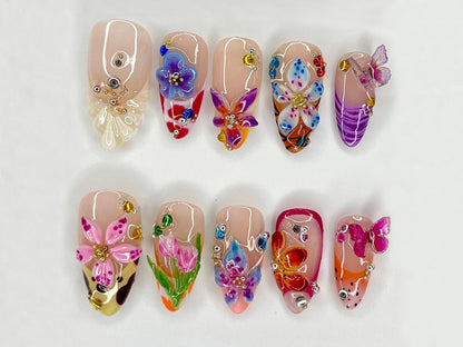 Garden Bloom 3D Press On Nails | Unique 3D Floral and Butterfly Designs | Artisan Crafted Nail Set | Handmade Flower Nail Art | JB520H