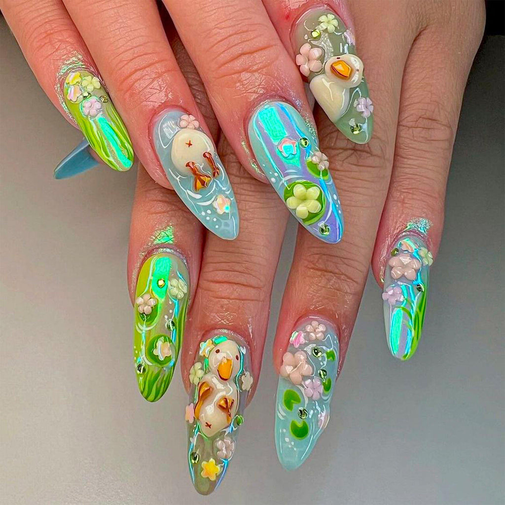 Enchanted Spring Meadow Press On Nails | Spring Green and Blue 3D Duck Design | Custom Nature-Themed Duck & Waterlily Nails | JB554HC
