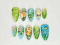 Enchanted Spring Meadow Press On Nails | Spring Green and Blue 3D Duck Design | Custom Nature-Themed Duck & Waterlily Nails | JB554HC