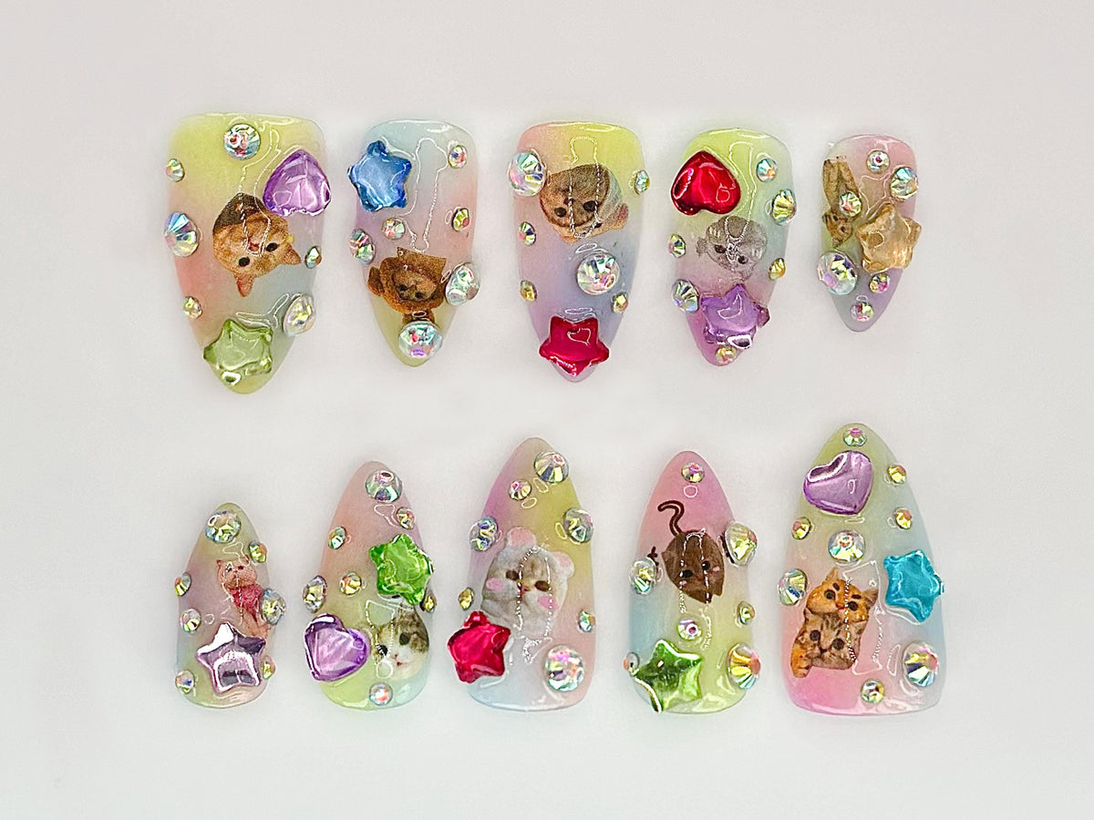 Kitty Charm Press On Nails | Cute Cat Nail Art with Rhinestones | Custom Cat Nail Designs | Cute and Sparkly Pet Nail Art | JC528HC