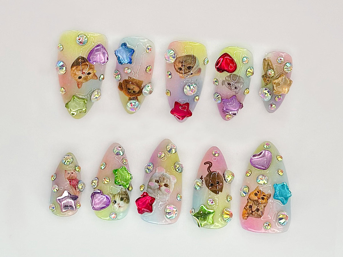 Kitty Charm Press On Nails | Cute Cat Nail Art with Rhinestones | Custom Cat Nail Designs | Cute and Sparkly Pet Nail Art | JC528HC