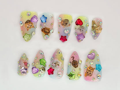 Kitty Charm Press On Nails | Cute Cat Nail Art with Rhinestones | Custom Cat Nail Designs | Cute and Sparkly Pet Nail Art | JC528HC