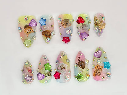 Kitty Charm Press On Nails | Cute Cat Nail Art with Rhinestones | Custom Cat Nail Designs | Cute and Sparkly Pet Nail Art | JC528HC