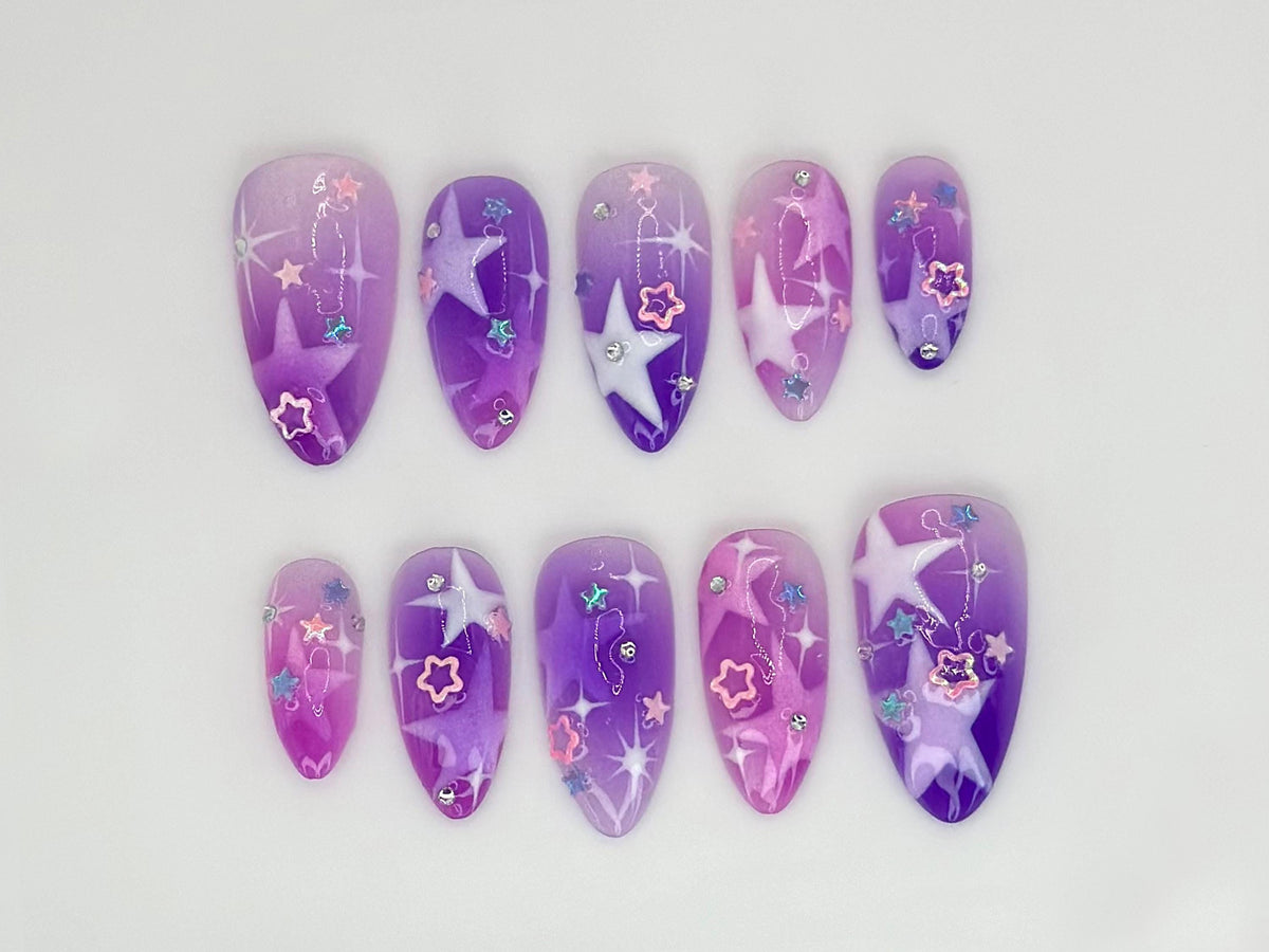 Galaxy Dream Press On Nails | Purple and Pink Gradient with Star Accents | Handcrafted Nail Art | Customizable Reusable Nails |JC529HC