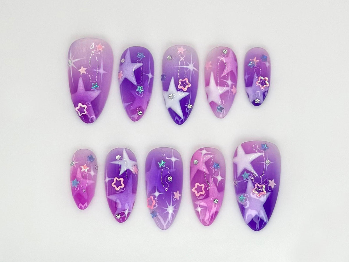 Galaxy Dream Press On Nails | Purple and Pink Gradient with Star Accents | Handcrafted Nail Art | Customizable Reusable Nails |JC529HC