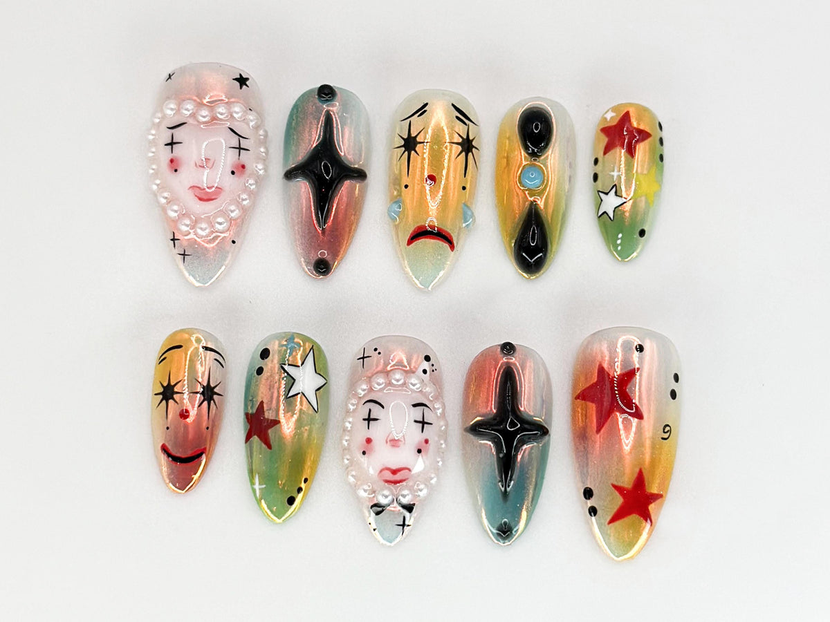 Artistic Clown-Themed Press On Nails |  Bold and Vibrant Carnival-Inspired Design | Unique and Artistic Nail Design| Limited Edition|JB578HK