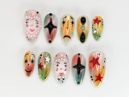 Artistic Clown-Themed Press On Nails |  Bold and Vibrant Carnival-Inspired Design | Unique and Artistic Nail Design| Limited Edition|JB578HK
