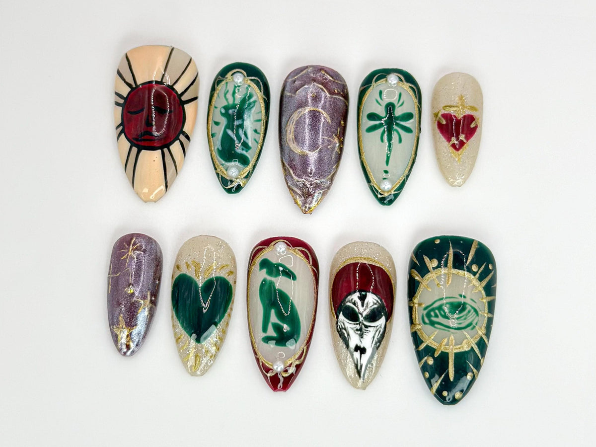 Mystic Gothic Press On Nails | Handmade Tarot-Inspired Nail  | Handcrafted Nails with Celestial Designs | Unique Mystical Nail|JB560HC