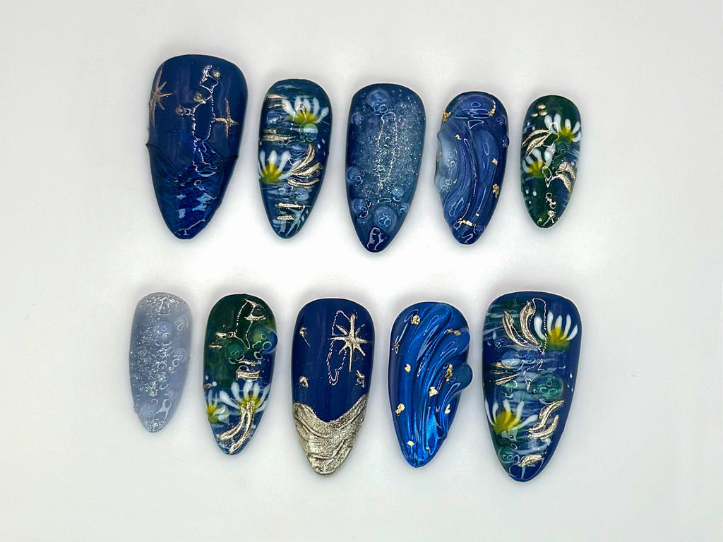 Midnight Daisy Garden Press On Nails | Handpainted Blue Ocean Waves & Starfish Nails | Ocean Themed Nail Art with Gold Accents | JB531HC