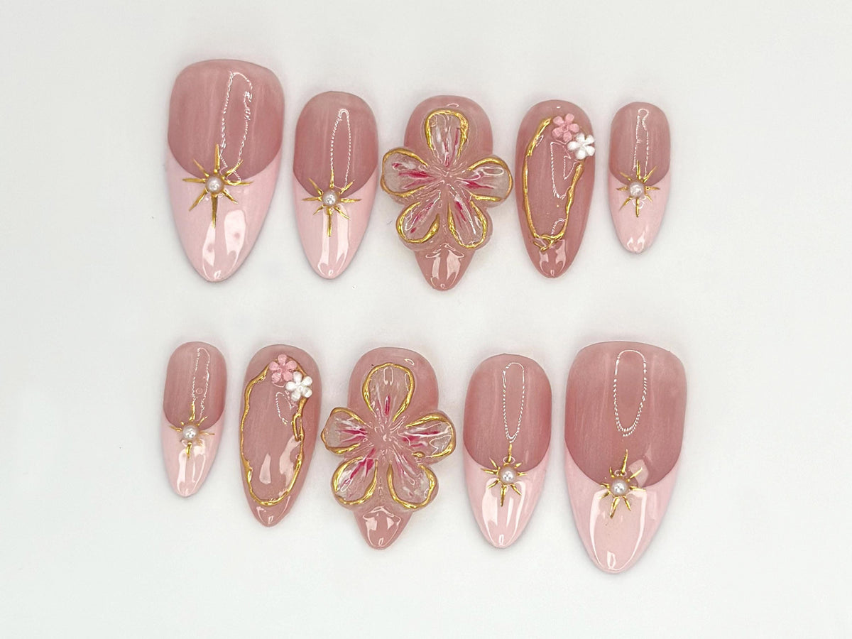 Blush Bloom Elegance Press On Nails | Designer Fake Nails with Gold Detailing | Pink and Gold Luxury Nail | Sophisticated False Nail|JC532HK