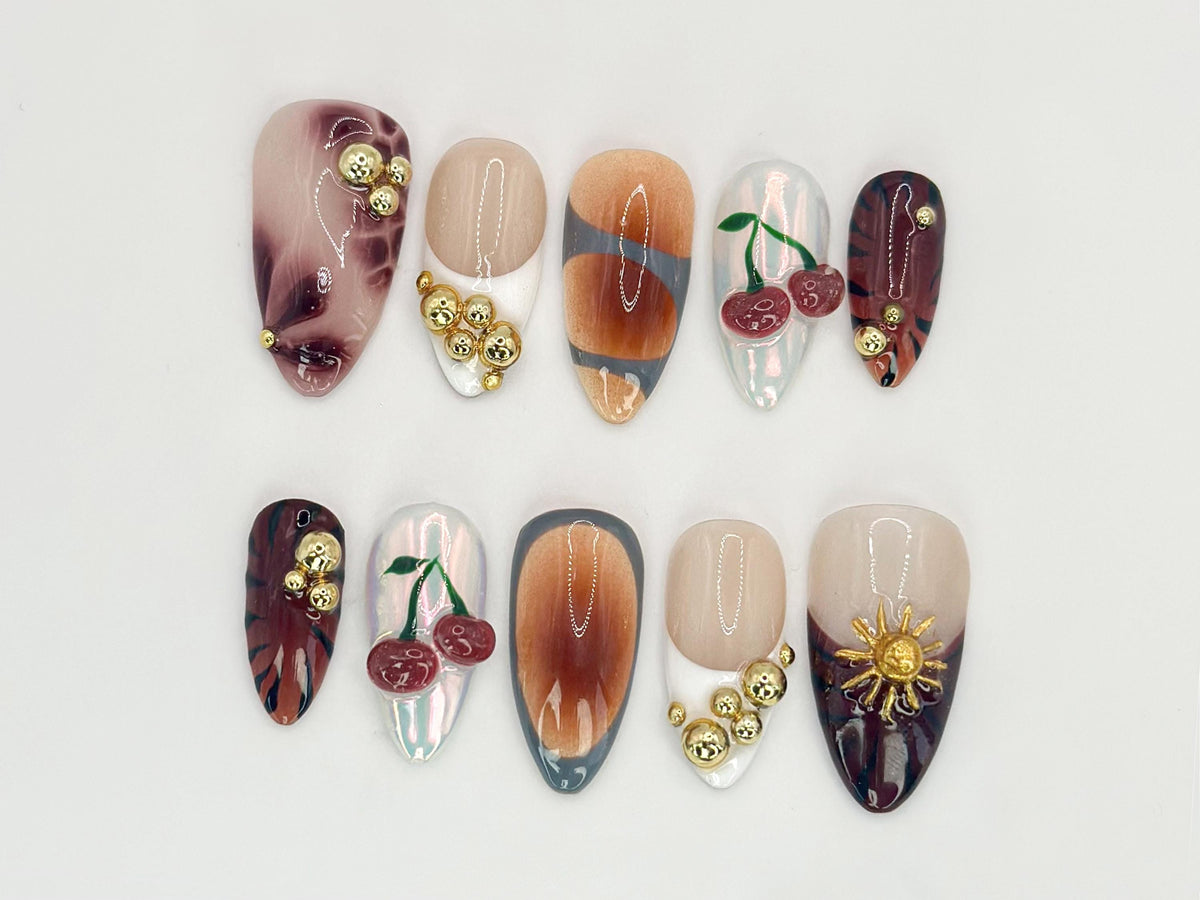 Cherry Glow Fall Press On Nails | Golden Floral and Cherry Accents | Elegant Handcrafted Nail Art| Unique Design | Custom Nails | JC532HC