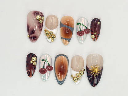 Cherry Glow Fall Press On Nails | Golden Floral and Cherry Accents | Elegant Handcrafted Nail Art| Unique Design | Custom Nails | JC532HC